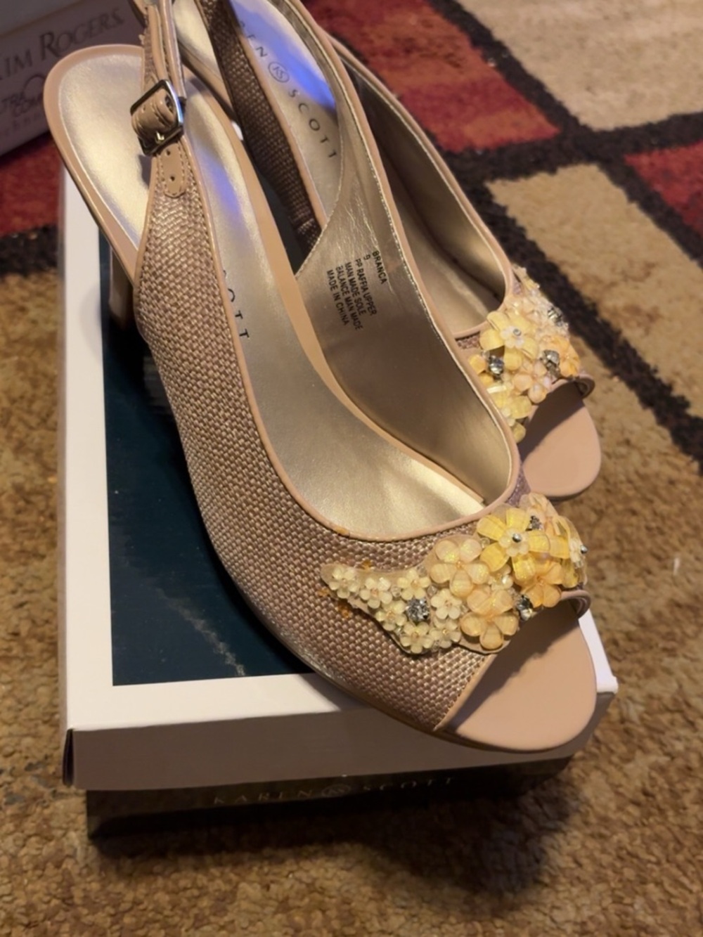 Karen Scott Beige Peep-Toe Slingback Heels with Yellow Floral Embellishments